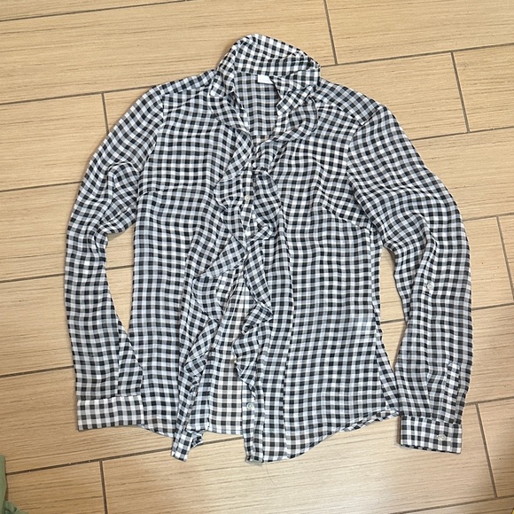 New York & Company Black and White Checkered Ruffle Shirt - Picture 1 of 7